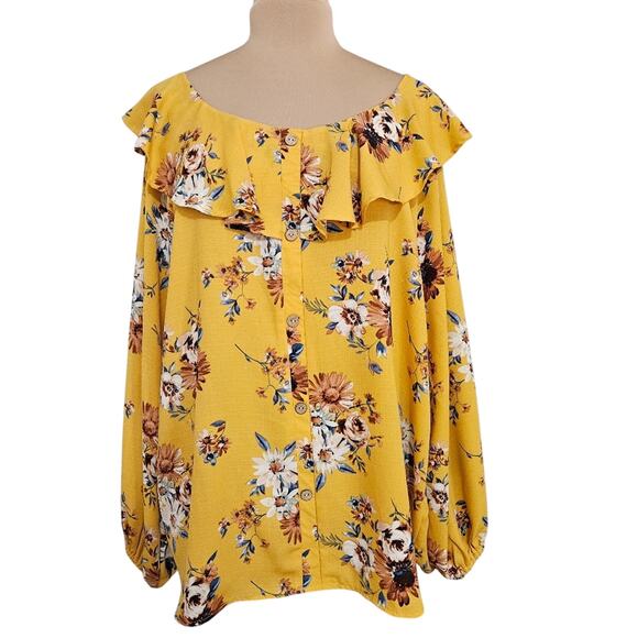 oddi Tops - Oddi Floral Top Yellow‎ Ruffled Collar Long Sleeve Plus Size 3XL USA Bloomcore